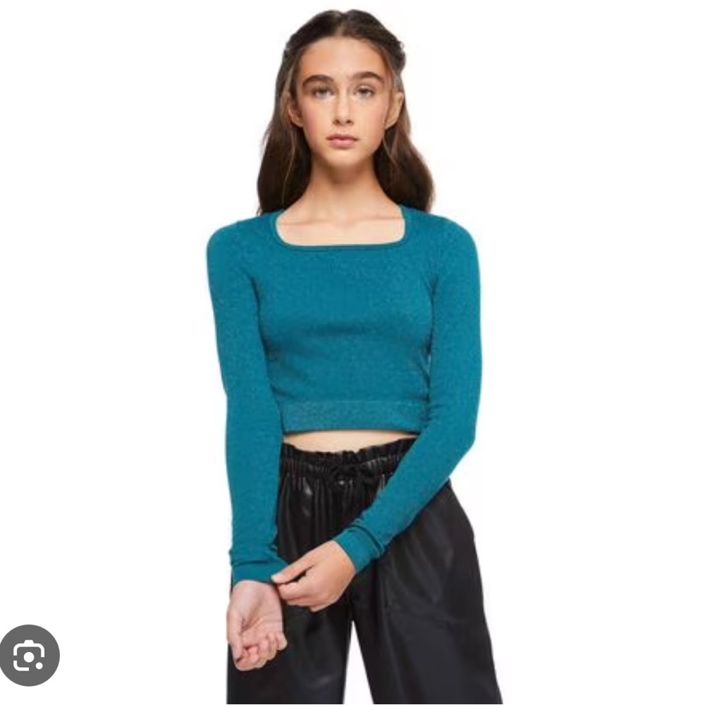 MY SISTERS CLOSET Square Neckline Seamless Sparkly Crop Long Sleeve Top SZ small